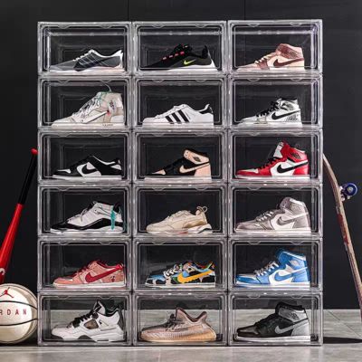 Custom Transparent Plastic Sneaker Stackable Shoe Storage Boxes Drop Front Acrylic Drawer Type Magnetic Clear Shoe Box